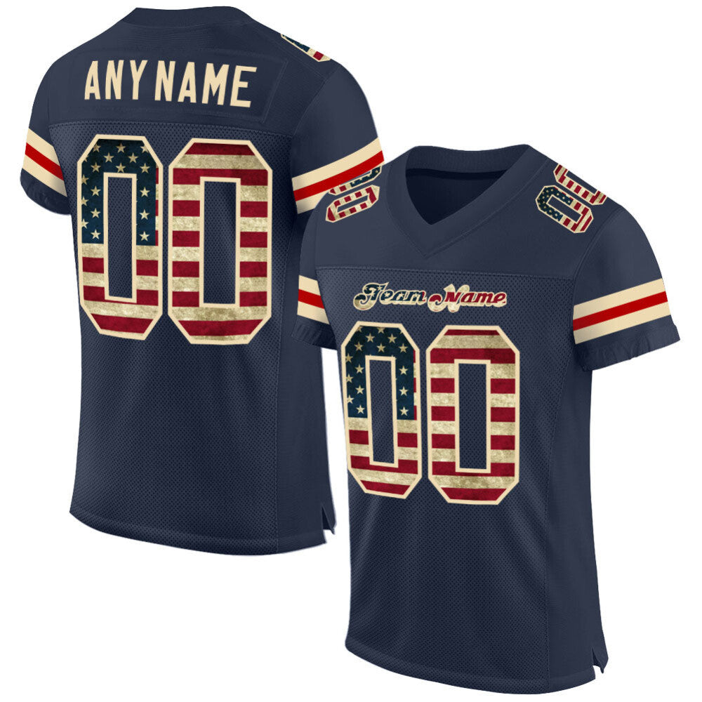 Custom Navy Vintage USA Flag-Cream Mesh High-quality Football Jersey