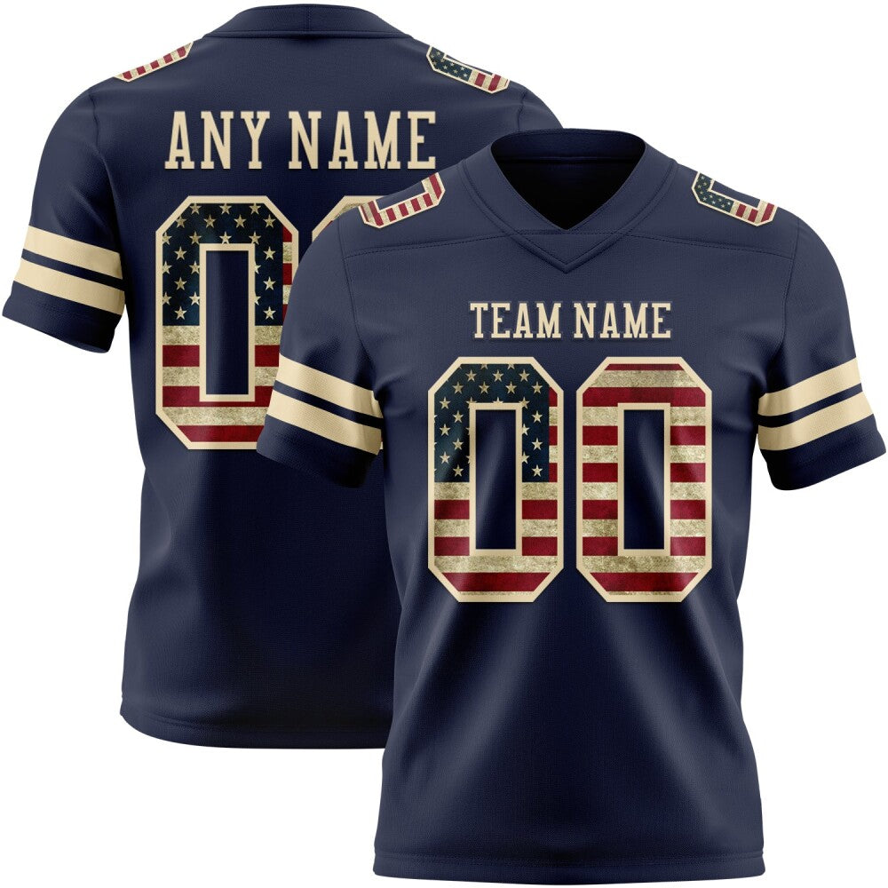 Custom Navy Vintage USA Flag-Cream High-quality Football Jersey