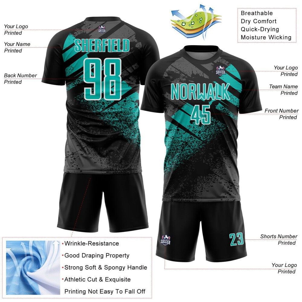 Custom Black Aqua-White Grunge Splatter Brush Stroke Sublimation Soccer Uniform Jersey