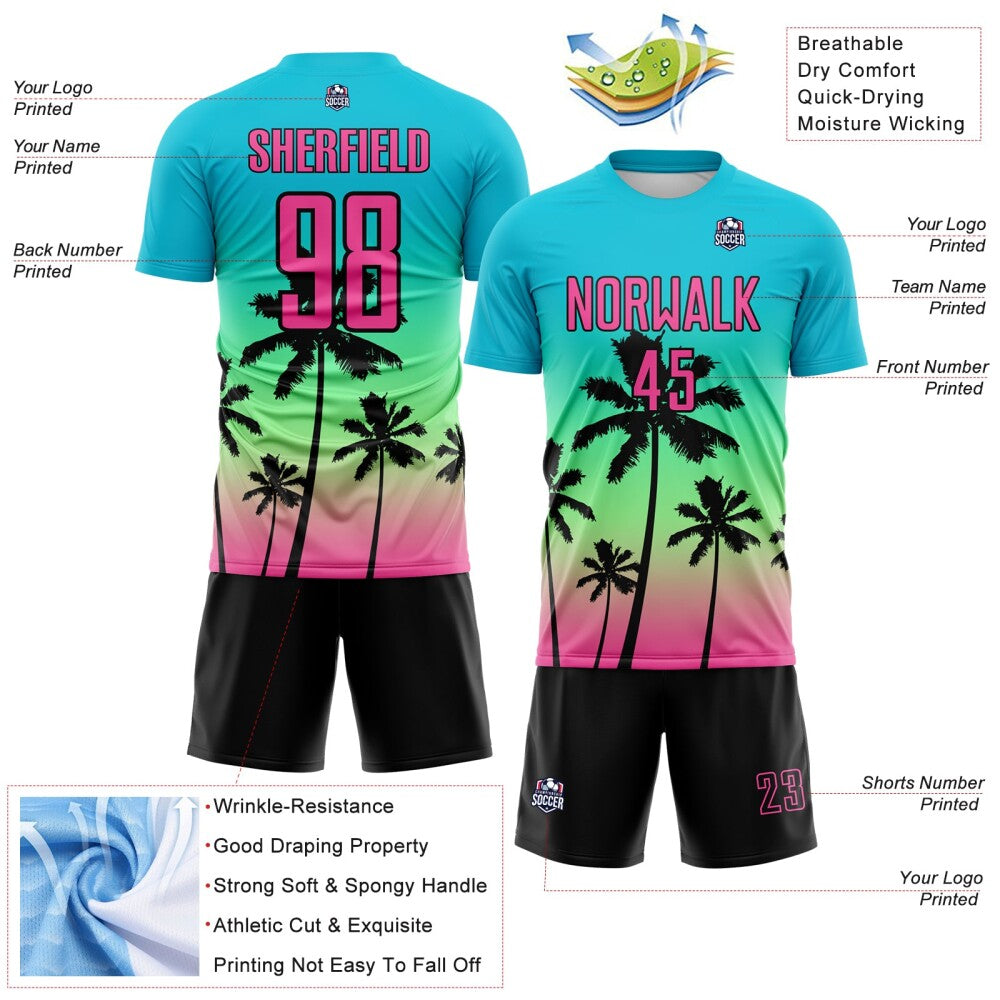 Custom Lakes Blue Pink Pea Green-Black Tropical Hawaii Palm Trees Gradient Sublimation Soccer Uniform Jersey