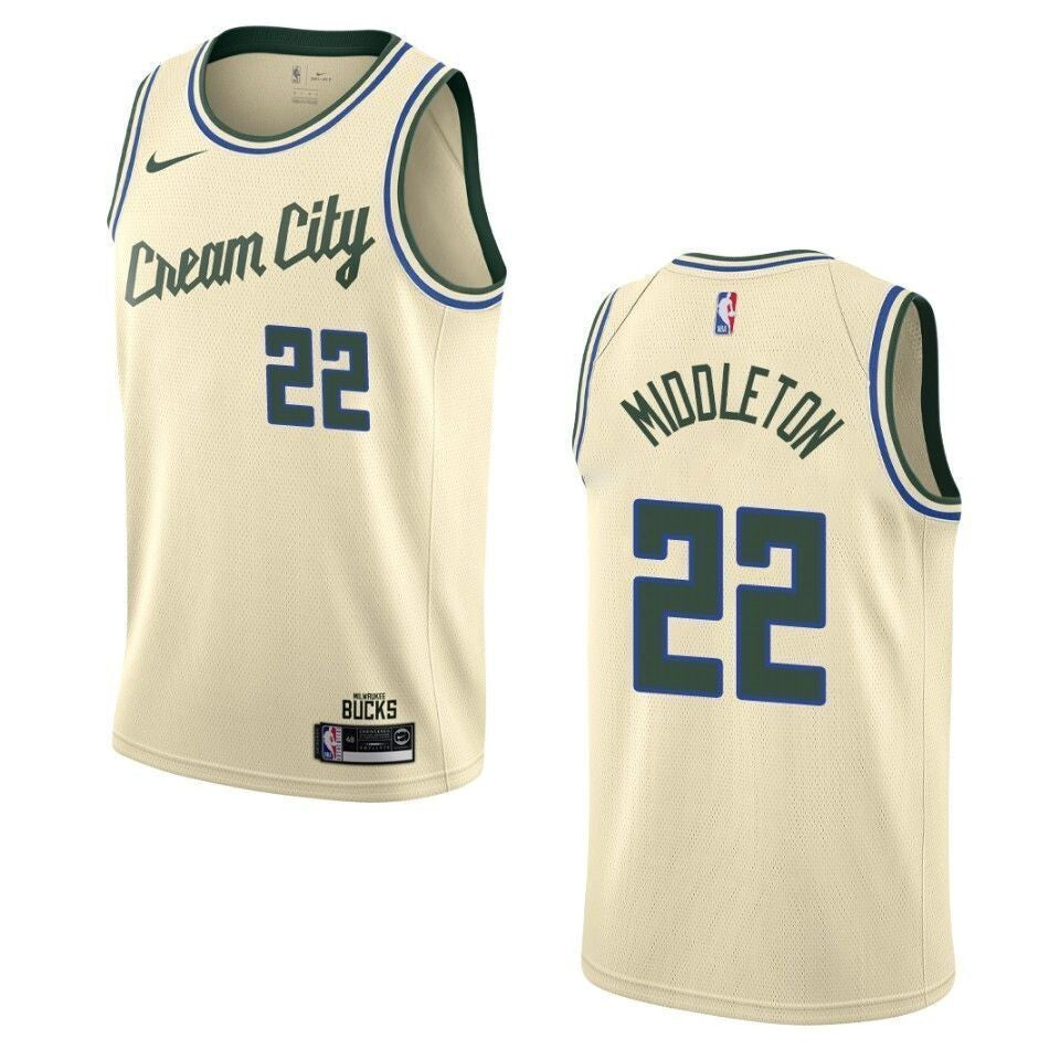 Milwaukee Bucks 22 Khris Middleton City Edition Swingman Cream 3D Jersey