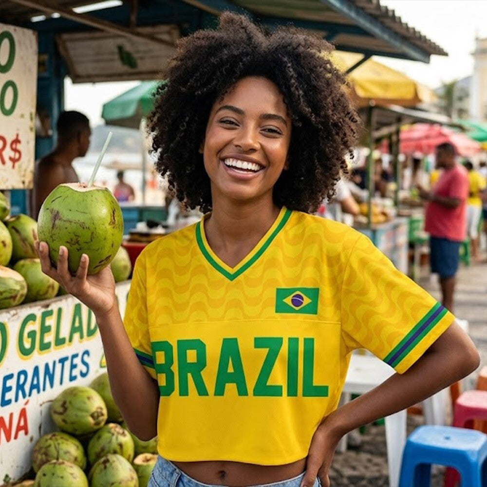 Personalized Brazil World Soccer Crop Football Jersey, Women's Football Jersey, Brazil Game Day Outfit, Custom Soccer Team Shirt