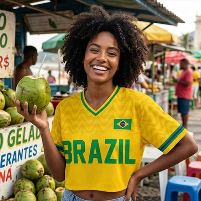 Personalized Brazil World Soccer Crop Football Jersey, Women's Football Jersey, Brazil Game Day Outfit, Custom Soccer Team Shirt