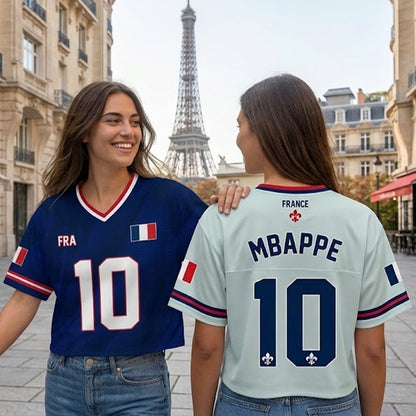 Personalized France World Soccer Crop Football Jersey, Women's Football Jersey, France Game Day Outfit, Custom Soccer Team Shirt
