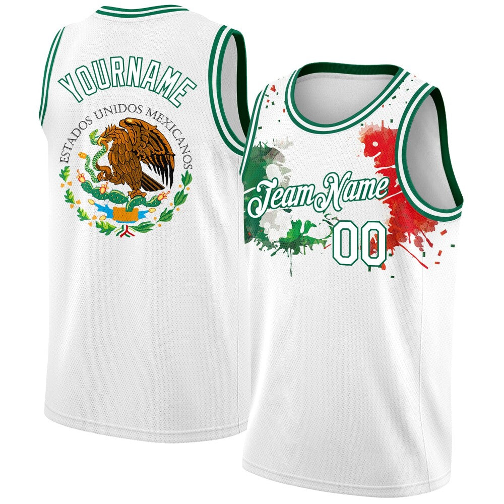 Custom White Kelly Green-Red 3D Mexican Flag Splashes High-quality Basketball Jersey