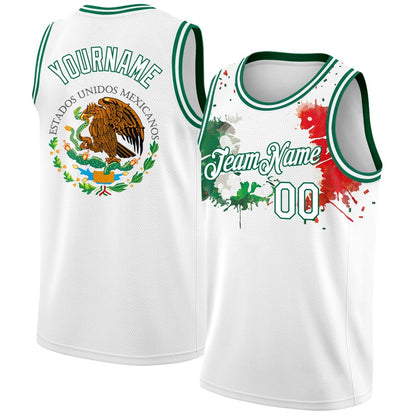 Custom White Kelly Green-Red 3D Mexican Flag Splashes High-quality Basketball Jersey