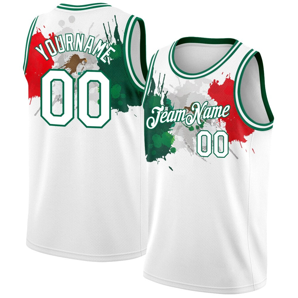 Custom White Kelly Green-Red 3D Mexico Splashes High-quality Basketball Jersey