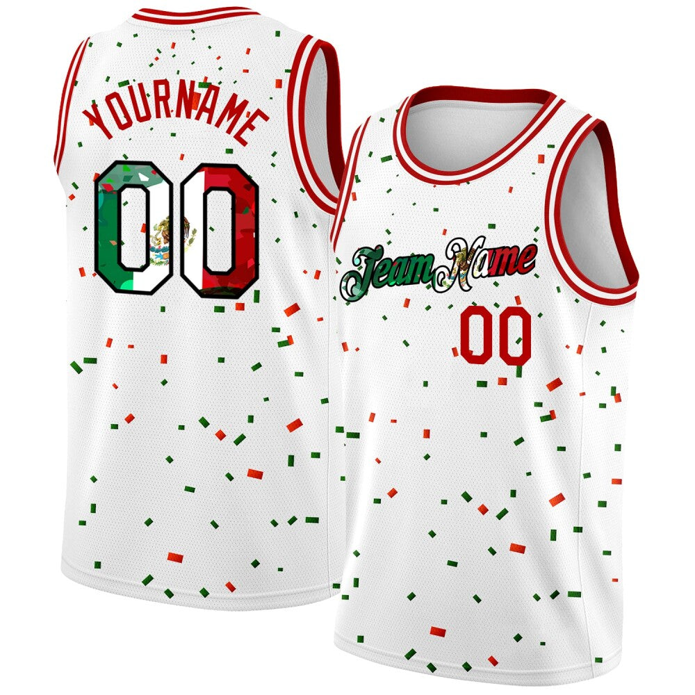 Custom White Mexican Flag Red-Kelly Green-Black 3D High-quality Basketball Jersey