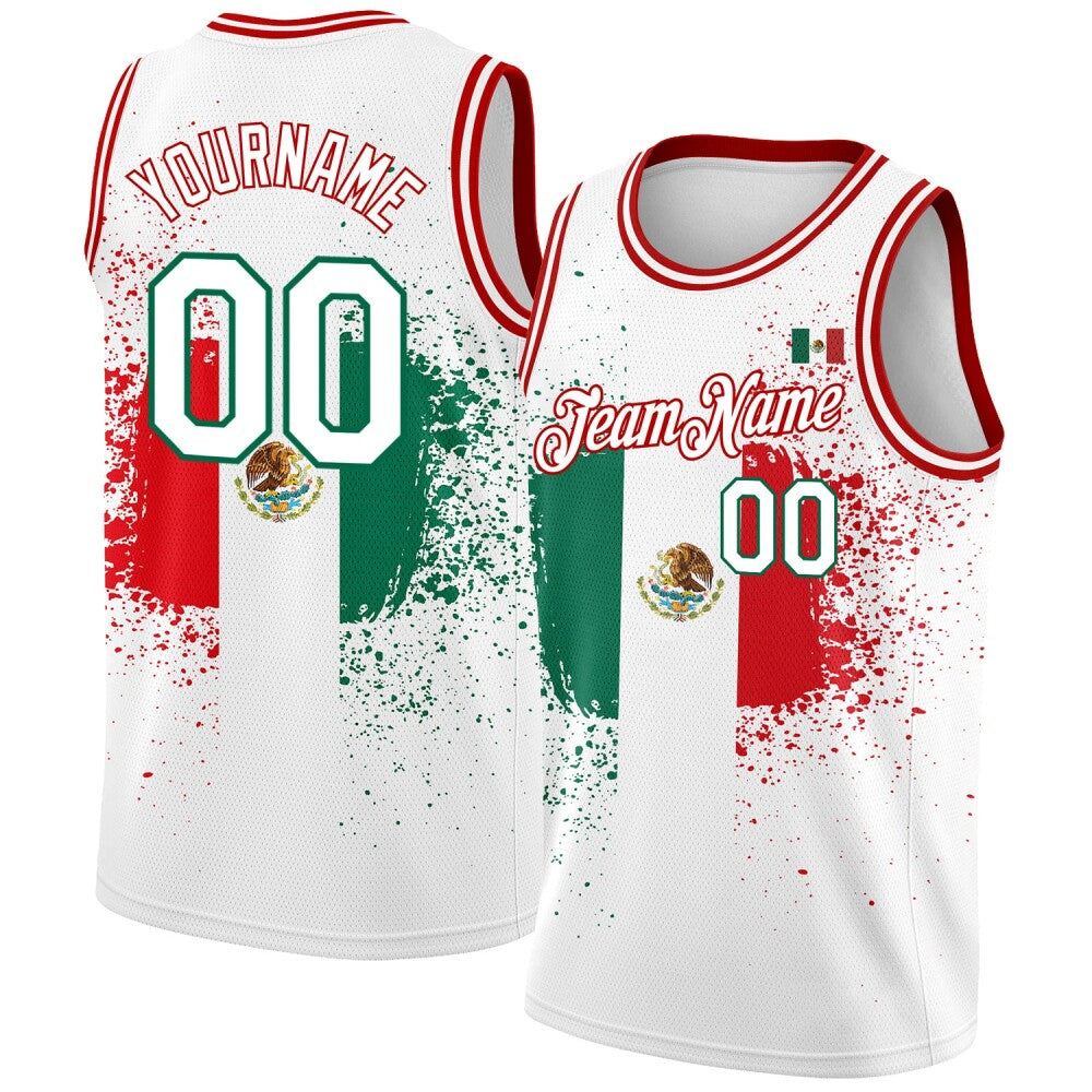 Custom White Kelly Green-Red 3D Mexican Flag High-quality Basketball Jersey