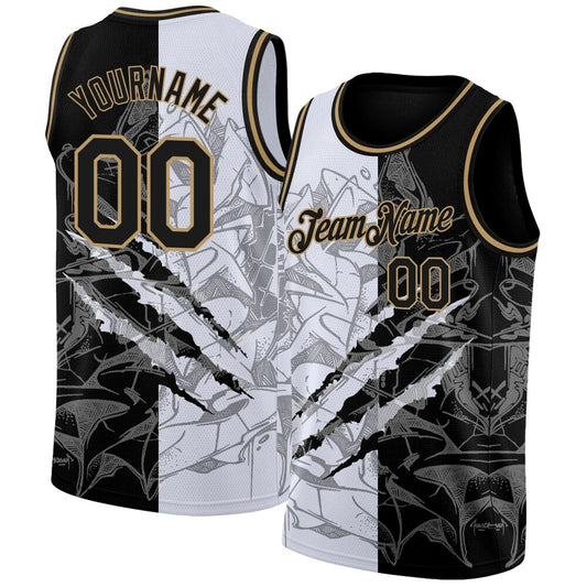 Custom Graffiti Pattern Black-Old Gold 3D Scratch High-quality Basketball Jersey