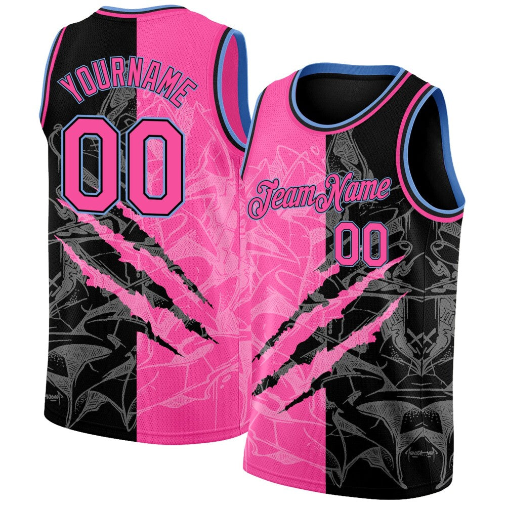 Custom Graffiti Pattern Pink Black-Light Blue 3D Scratch High-quality Basketball Jersey