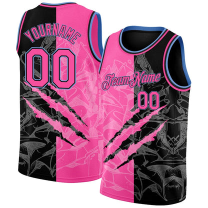 Custom Graffiti Pattern Pink Black-Light Blue 3D Scratch High-quality Basketball Jersey