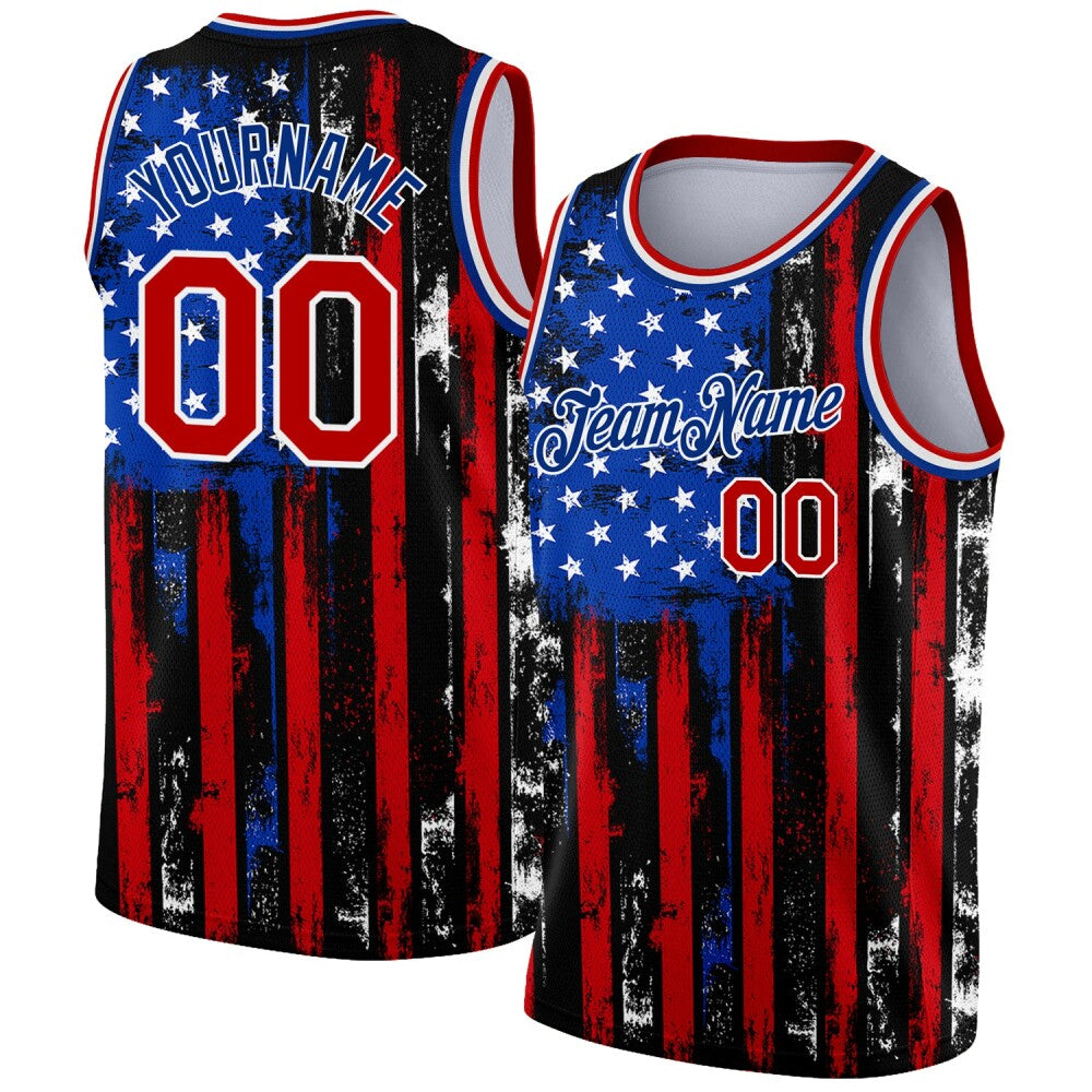 Custom Black Red-Royal 3D American Flag Fashion High-quality Basketball Jersey