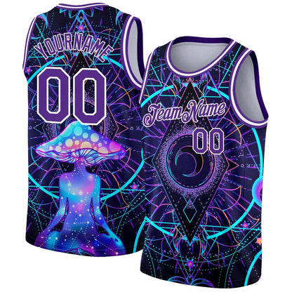 Custom Purple White 3D Pattern Design Magic Mushrooms Over Sacred Geometry Psychedelic Hallucination High-quality Basketball Jersey