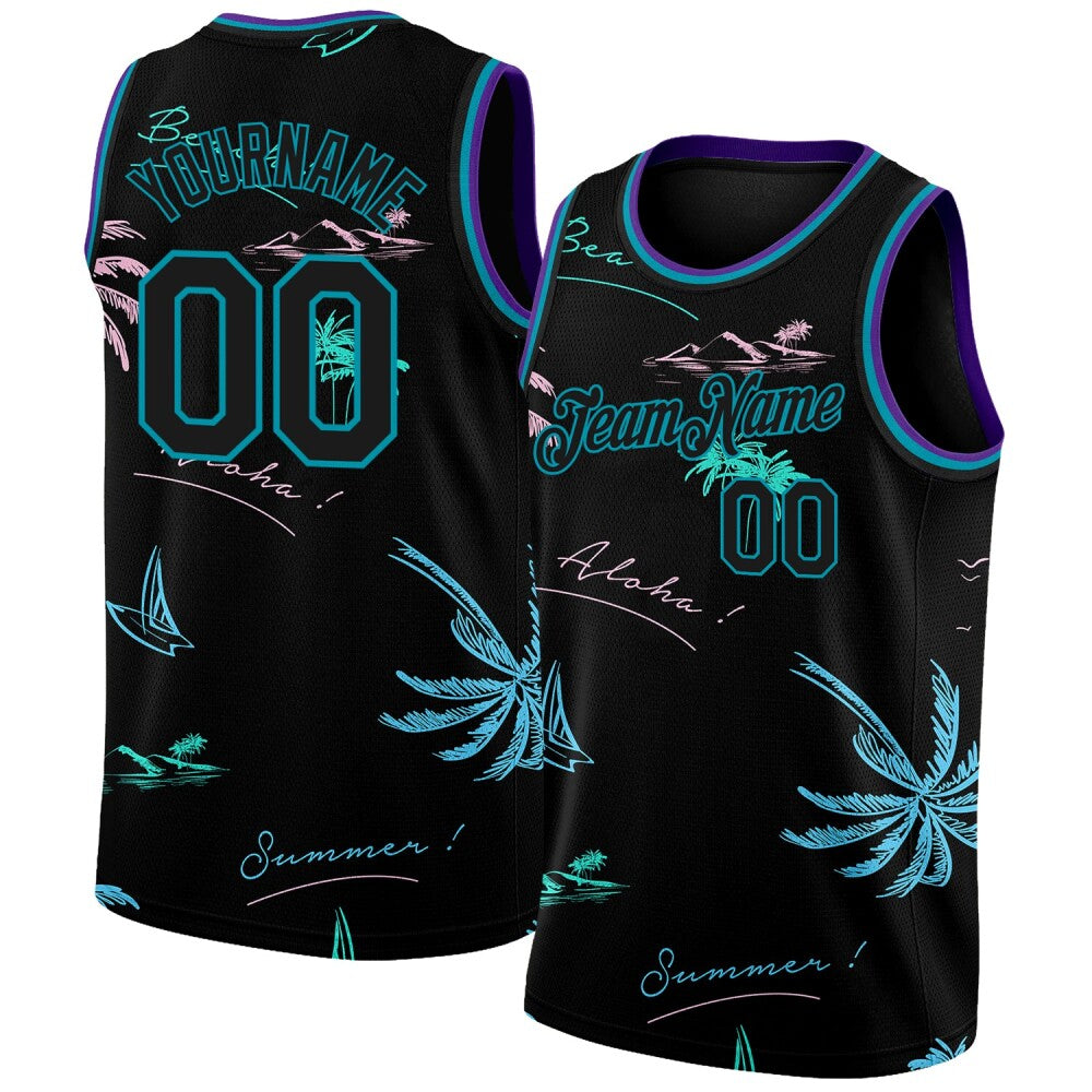Custom Black Teal 3D Pattern Tropical Hawaii Palm Trees High-quality Basketball Jersey