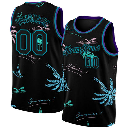 Custom Black Teal 3D Pattern Tropical Hawaii Palm Trees High-quality Basketball Jersey