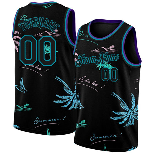 Custom Black Teal 3D Pattern Tropical Hawaii Palm Trees High-quality Basketball Jersey