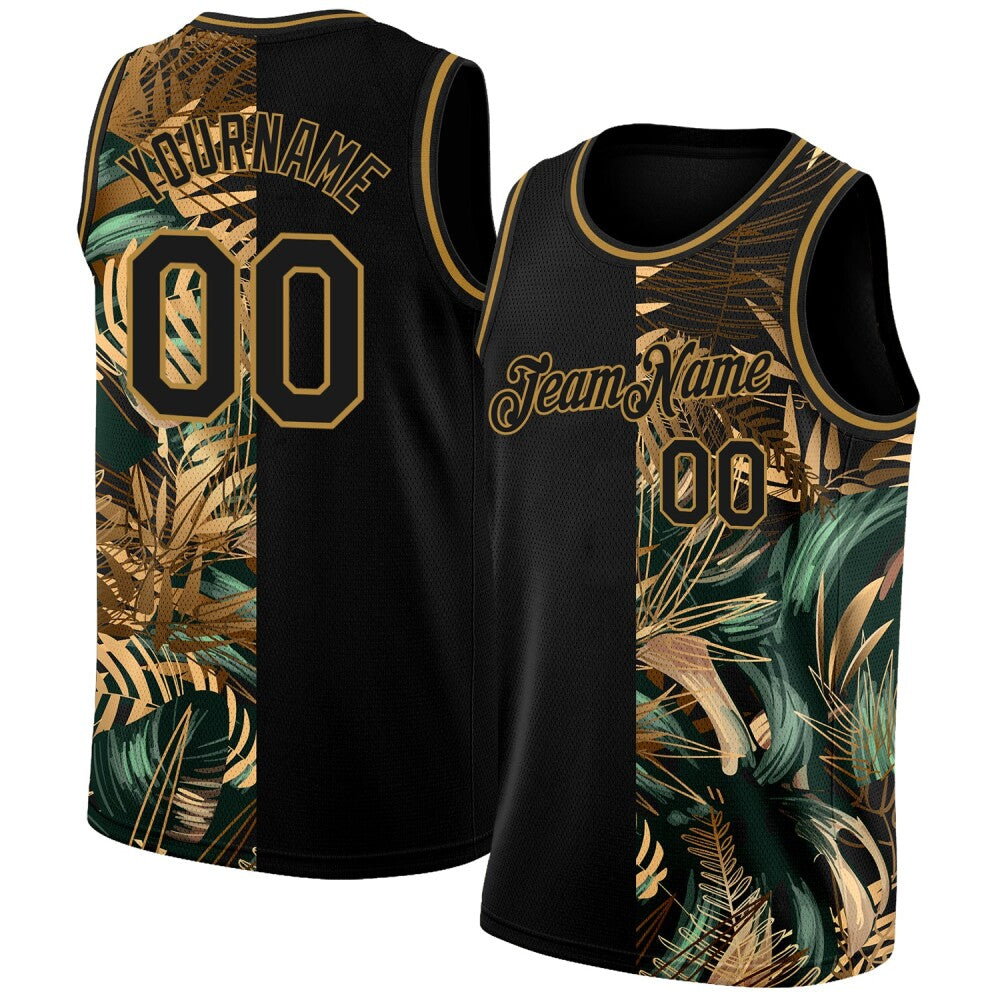 Custom Black Old Gold 3D Pattern Tropical Hawaii Palm Leaves High-quality Basketball Jersey