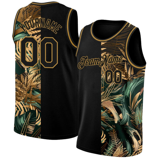 Custom Black Old Gold 3D Pattern Tropical Hawaii Palm Leaves High-quality Basketball Jersey