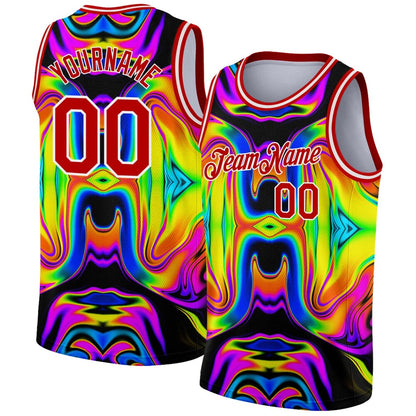 Custom Black Red-White 3D Pattern Design Abstract Iridescent Psychedelic Swirl Fluid Art High-quality Basketball Jersey