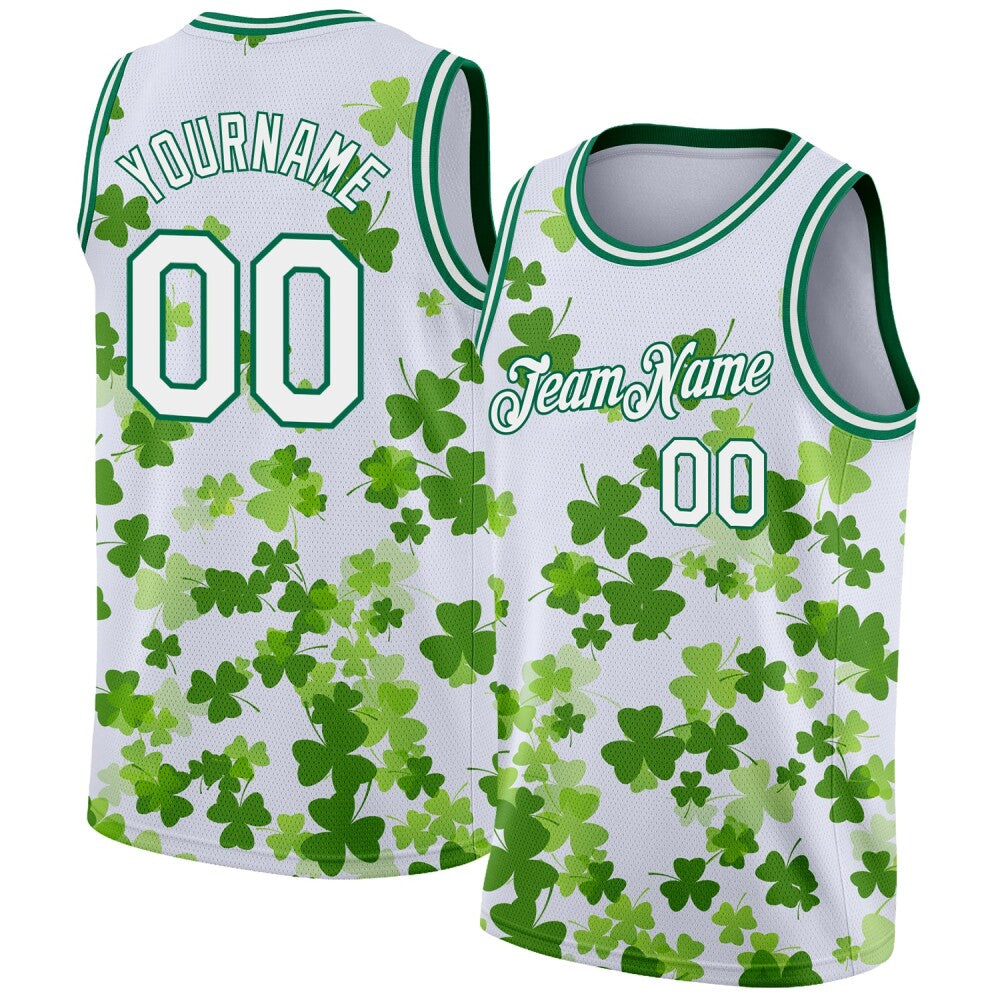 Custom White Kelly Green 3D Pattern Design St. Patrick's Day High-quality Basketball Jersey