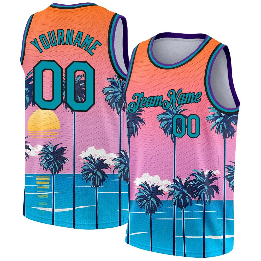 Custom Orange Teal-Black 3D Pattern Sun Beach Hawaii Palm Trees High-quality Basketball Jersey