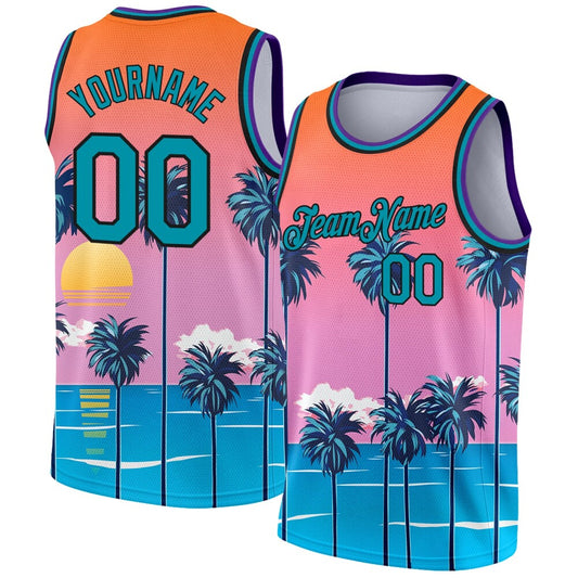 Custom Orange Teal-Black 3D Pattern Sun Beach Hawaii Palm Trees High-quality Basketball Jersey