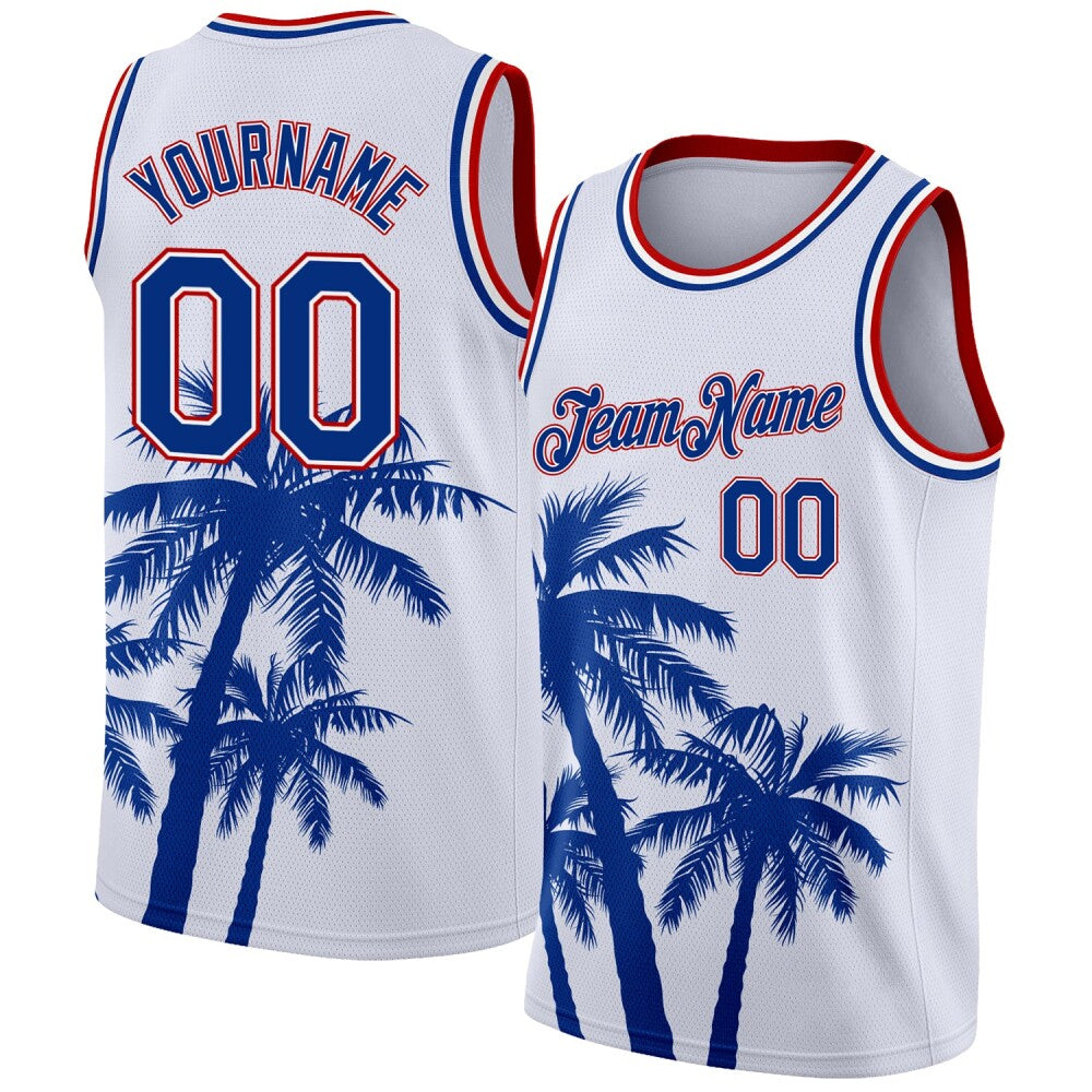 Custom White Royal-Red 3D Pattern Tropical Hawaii Coconut Trees High-quality Basketball Jersey