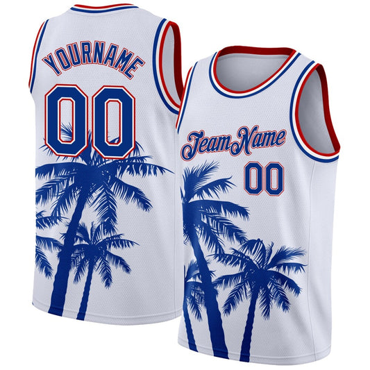 Custom White Royal-Red 3D Pattern Tropical Hawaii Coconut Trees High-quality Basketball Jersey