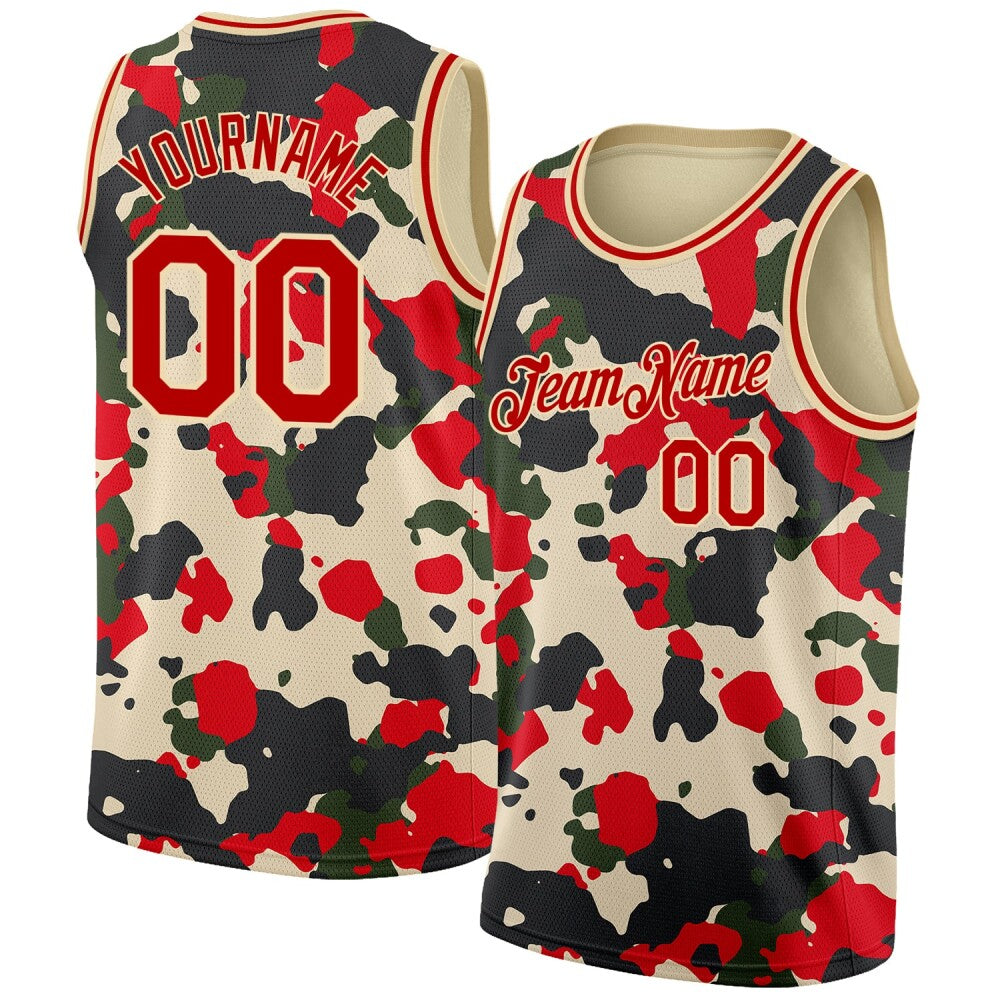Custom Camo Red-Cream 3D High-quality Salute To Service Basketball Jersey