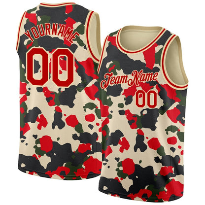 Custom Camo Red-Cream 3D High-quality Salute To Service Basketball Jersey