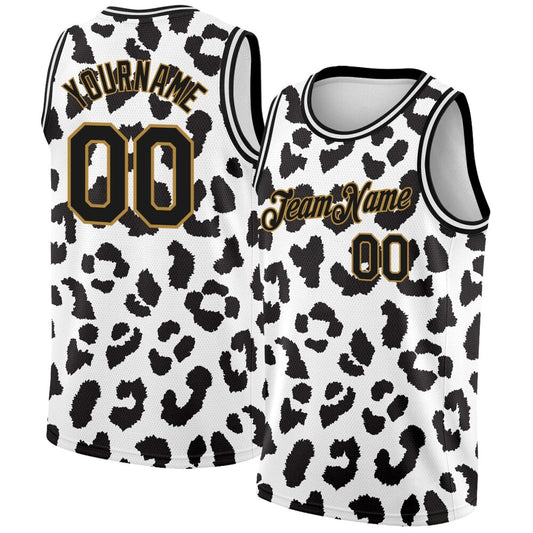Custom White Black-Old Gold 3D Pattern Design Leopard Print High-quality Basketball Jersey