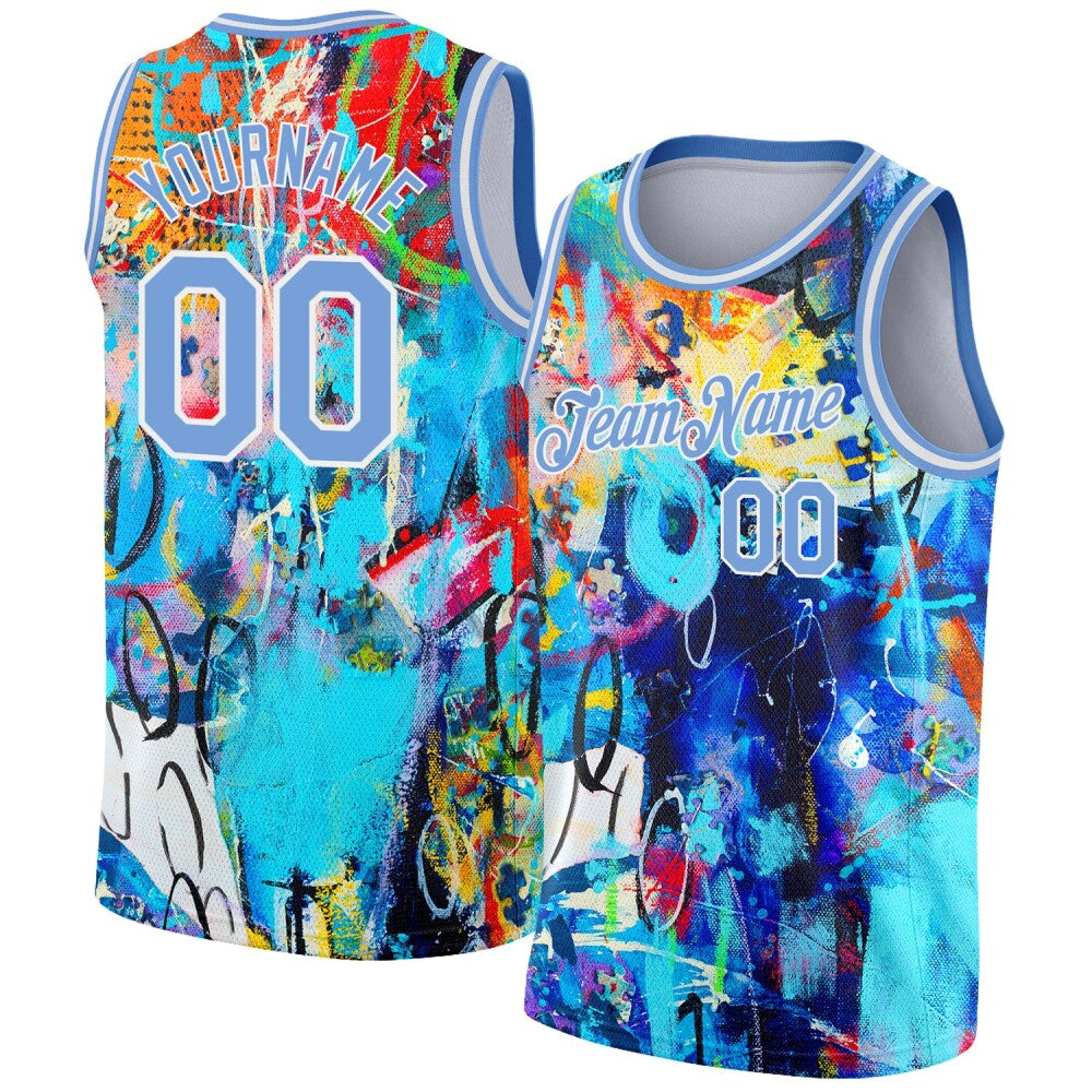 Custom Graffiti Pattern Light Blue-White 3D Grunge Art High-quality Basketball Jersey