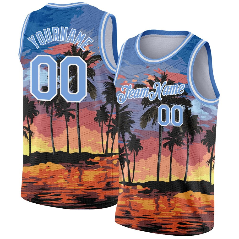 Custom Light Blue White 3D Pattern Tropical Hawaii Palm Trees High-quality Basketball Jersey