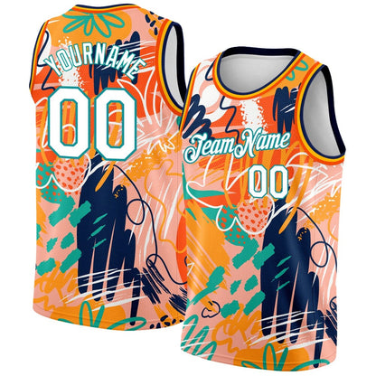 Custom Orange White-Teal 3D Pattern Abstract Hawaii Plant Graffiti Grunge Art High-quality Basketball Jersey
