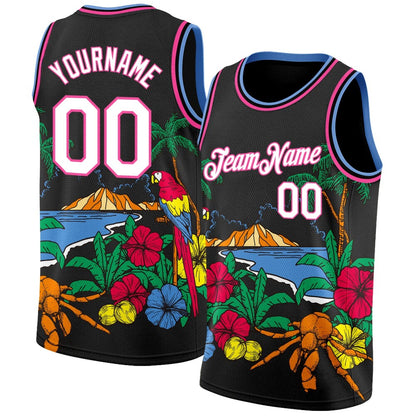 Custom Black White Pink-Light Blue 3D Pattern Tropical Beach Hawaii Palm Trees High-quality Basketball Jersey