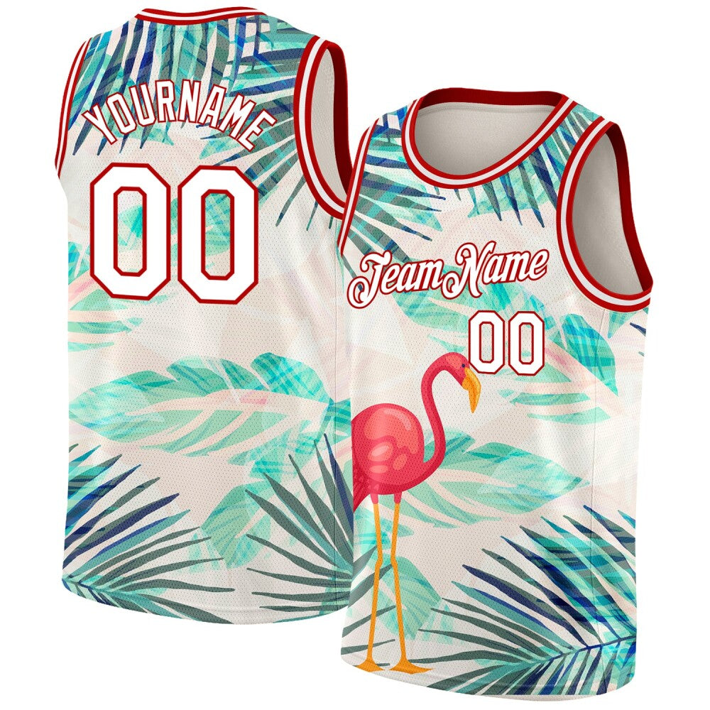 Custom White Red 3D Pattern Tropical Hawaii Leaves And Flamingo High-quality Basketball Jersey