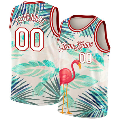 Custom White Red 3D Pattern Tropical Hawaii Leaves And Flamingo High-quality Basketball Jersey
