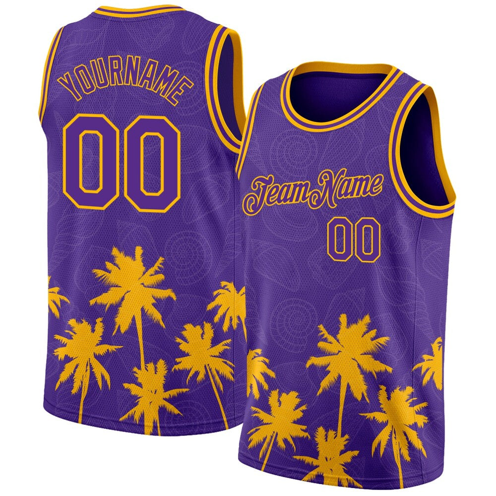 Custom Purple Gold 3D Pattern Hawaii Palm Trees High-quality Basketball Jersey
