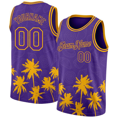 Custom Purple Gold 3D Pattern Hawaii Palm Trees High-quality Basketball Jersey