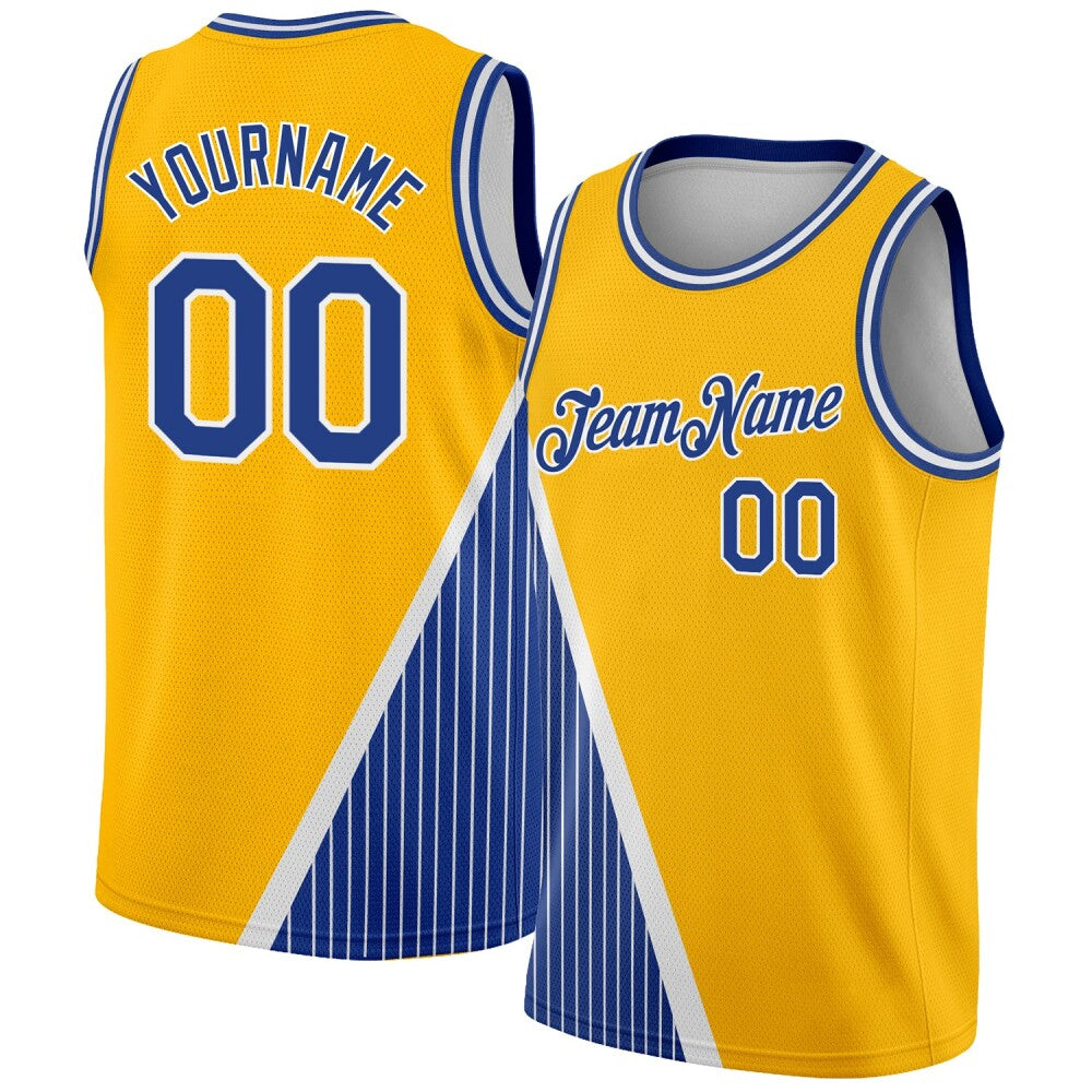 Custom Gold Royal-White Triangle Pinstripes High-quality City Edition Basketball Jersey