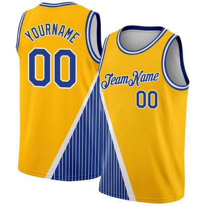 Custom Gold Royal-White Triangle Pinstripes High-quality City Edition Basketball Jersey