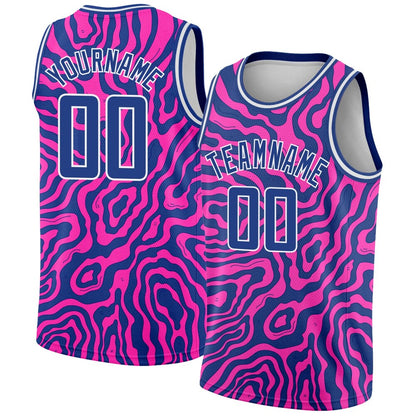 Custom Deep Pink Royal-White 3D Pattern Design Abstract Psychedelic Liquid Wave High-quality Basketball Jersey