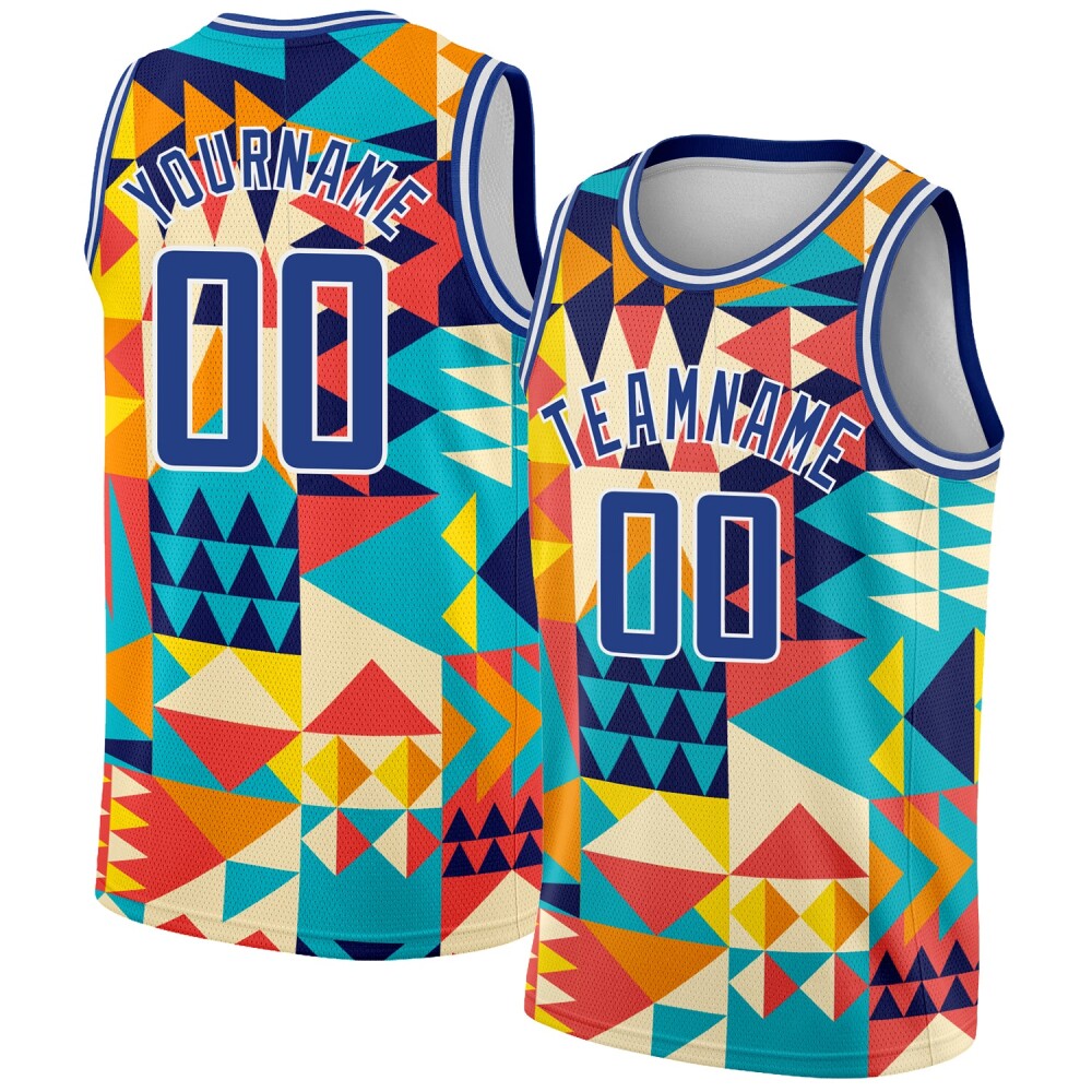 Custom Aqua Royal-White 3D Pattern Design Geometric Shapes High-quality Basketball Jersey