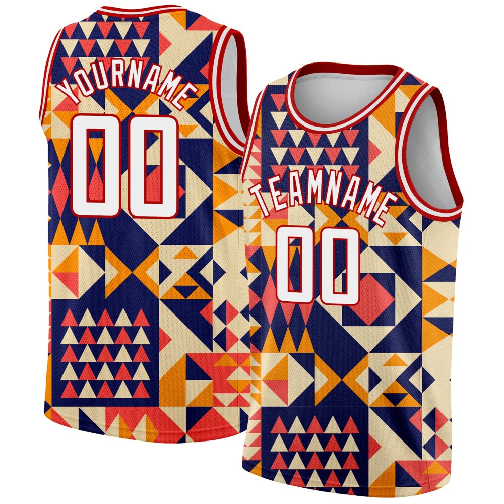 Custom Navy White-Red 3D Pattern Design Geometric Shapes High-quality Basketball Jersey
