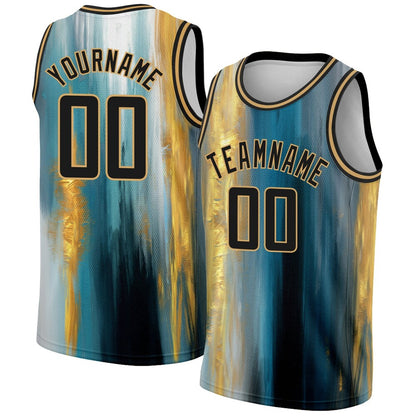 Custom Old Gold Black 3D Pattern Design Gold Foil High-quality Basketball Jersey