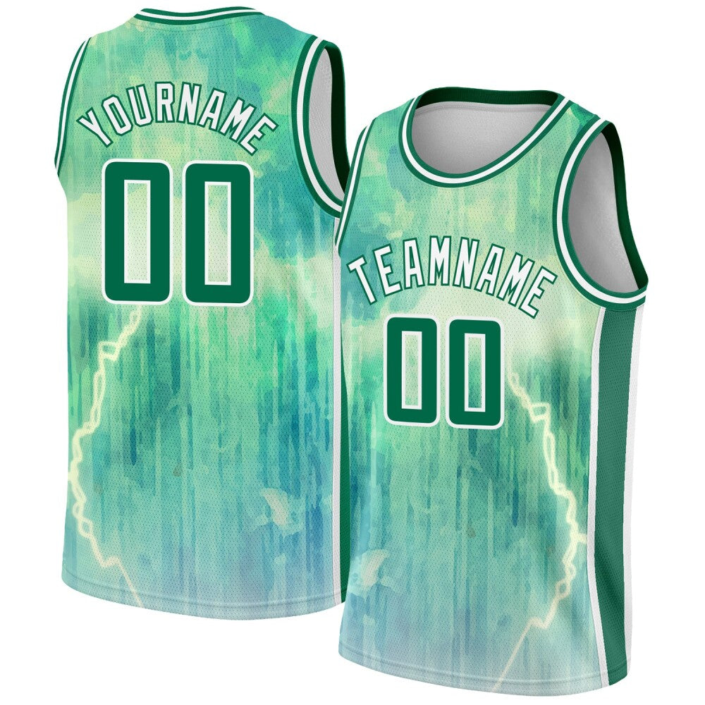Custom Pea Green Kelly Green-White Abstract Watercolor Monsoon High-quality City Edition Basketball Jersey