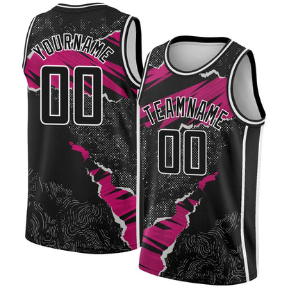 Custom Black Deep Pink-White 3D Pattern Design Torn Paper Style High-quality Basketball Jersey