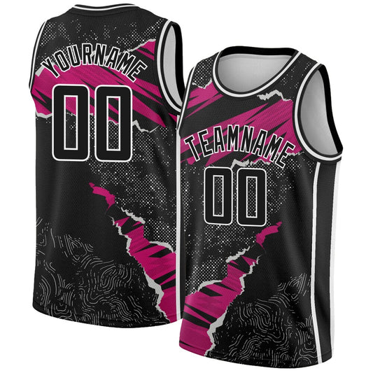 Custom Black Deep Pink-White 3D Pattern Design Torn Paper Style High-quality Basketball Jersey