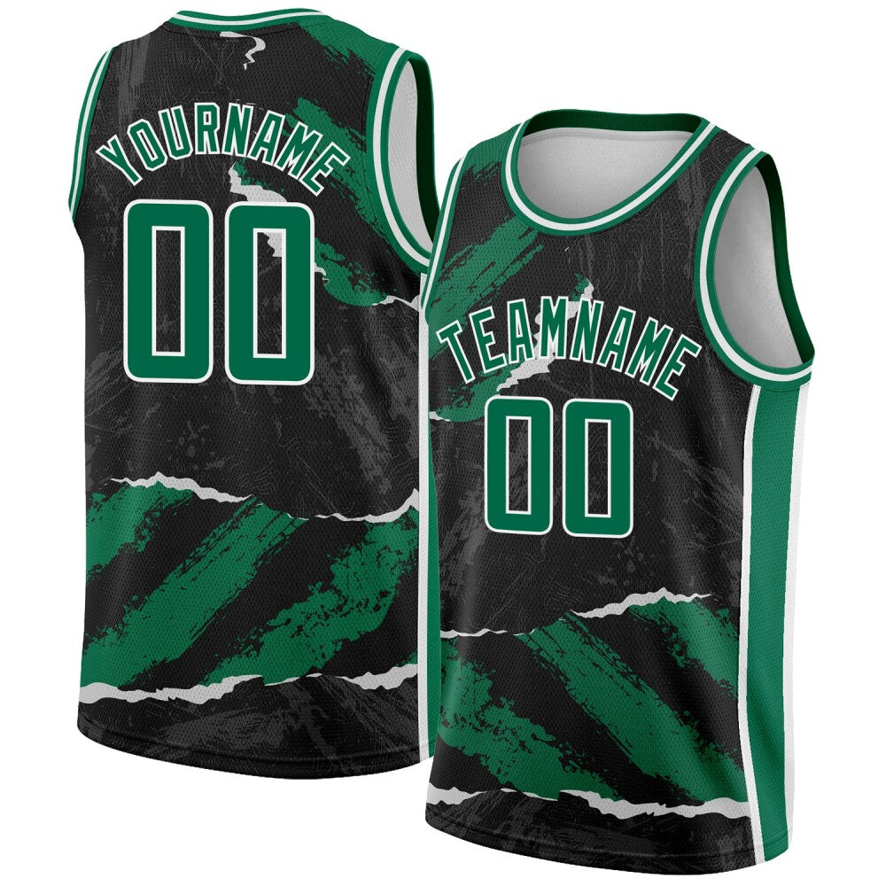 Custom Black Kelly Green-White 3D Pattern Design Torn Paper Style High-quality Basketball Jersey